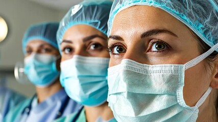 Close-up of focused female surgeons wearing surgical masks and caps in a brightly lit operating room.  The image conveys determination and concentration - Powered by Adobe