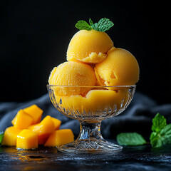 A refreshing mango sorbet in a crystal bowl with fresh mint garnish and ripe mango chunks on a dark slate surface.