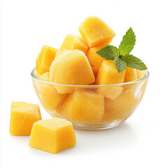 Refreshing bowl of diced mango fruit, garnished with fresh mint, ready for a smoothie or healthy snack, isolated