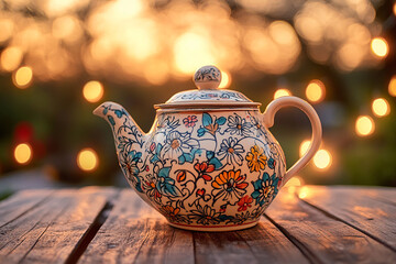Decorative teapot with a floral pattern stands elegantly on a wooden table in a softly lit outdoor setting