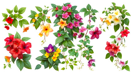 Vibrant collection of tropical flowers and green leaves on a white background