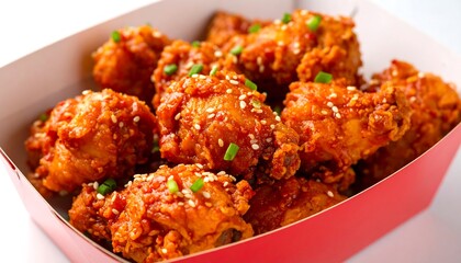 Crispy fried chicken pieces in a red box