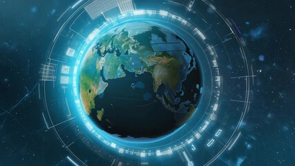 A glowing digital Earth globe rotating in space, surrounded by animated data overlays and interface elements. Seamless 16s loop - Powered by Adobe