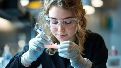 Focused young woman scientist in a lab setting, wearing safety glasses and gloves, meticulously working with scientific instruments.  She is deeply concentrated on her task. The lab is softly lit