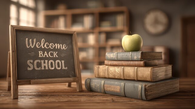 Vintage classroom scene with stack of old books, green apple, and chalkboard sign reading "Welcome Back School", symbolizing education, tradition, learning, and academic year beginnings