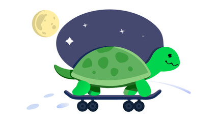 Turtle riding skateboard under moon and stars vector illustration graphic design art image free download