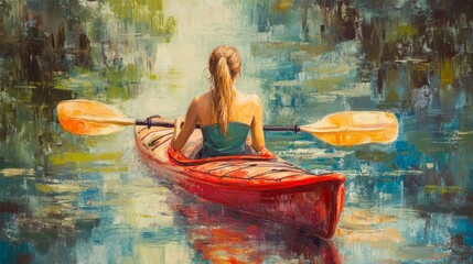 Woman carrying a kayak along a peaceful lake shore at sunset, wearing outdoor adventure gear and surrounded by tranquil water and nature scenery, ideal for recreational and travel lifestyle themes