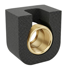 Brass Threaded Pipe Connector Encased in Black Insulation Foam for Thermal and Acoustic Piping Systems