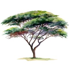 Watercolor Painting of a Lush Green Tree Isolated on White Background, Perfect for Nature Designs.