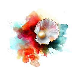 Pearl in Seashell on Abstract Watercolor Background Elegant Nature Illustration.