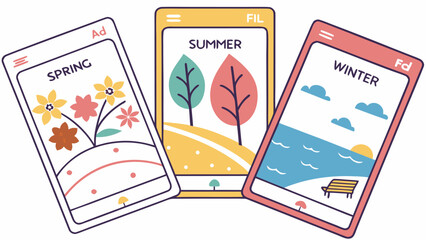 Three stylized cards representing the seasons of spring summer and winter each depicting a distinct landscape with colorful illustrations and text labels