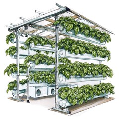 Multi Level Hydroponic System Growing Lush Green Basil Plants.
