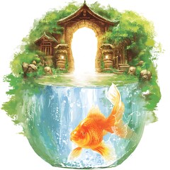 Serene Gateway A Goldfish Dreams of a Lush Garden.