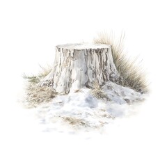 A weathered tree stump sits in the snow, surrounded by dried grass. This detailed illustration is perfect for nature themed designs.