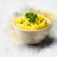 Creamy Mashed Potatoes with Parsley Garnish in a White Bowl. A close up image of a delicious and simple side dish.