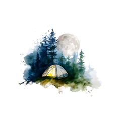 Illuminated Tent in a Forest Underneath a Full Moon. A serene illustration perfect for travel, adventure, or camping themes.