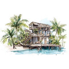 Tropical Beach House Illustration A charming waterfront getaway.