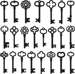 A Diverse Collection of Antique Skeleton Keys Decorative Designs in Black Silhouette A Vintage Locksmiths Assortment for Crafting