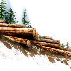 Stack of Logs in a Forest Setting Artistic Watercolor Illustration.