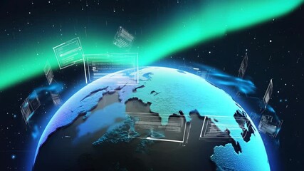  A glowing digital Earth globe rotating in space, surrounded by animated data overlays and interface elements. Seamless 16s loop - Powered by Adobe