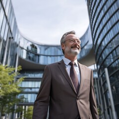 Confident Mature Businessman in Modern City Setting. A portrait showcasing a successful, smiling man in a suit against the backdrop of a contemporary urban building.