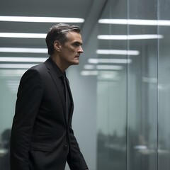 Confident Businessman in Modern Office Building Corridor. A profile view of a man in a suit looking thoughtfully ahead.