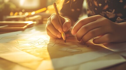 Obraz premium kid's hands tracing shapes on paper with a pencil, focused learning environment 