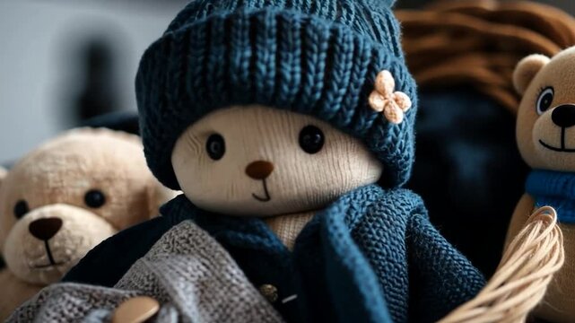 Close-up of two knitted teddy bears; one in a blue hat and cardigan, the other cream-colored, sitting in a wicker basket. Soft lighting and shallow depth of field