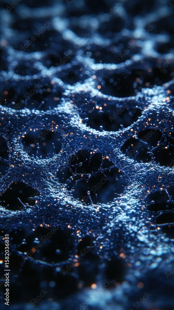 Poster blue networked structure with tiny orange particles