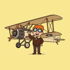 Cartoon pilot in a brown jacket waving beside a vintage biplane with wooden propeller, set against a yellow background. © bima