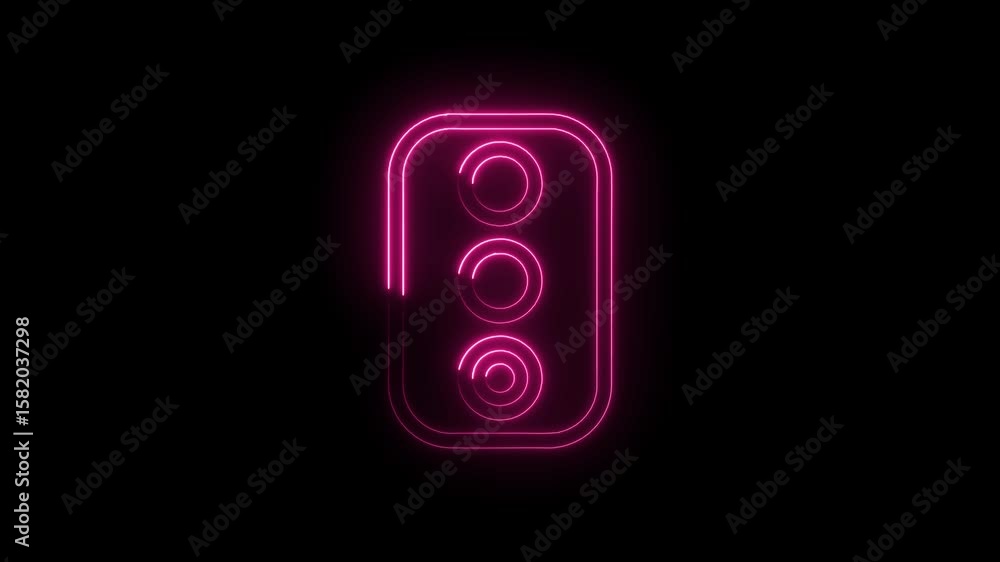 Poster glowing pink neon mobile phone camera array with three lenses on black background