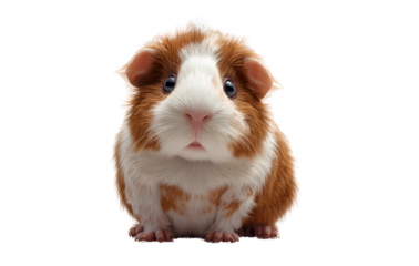 Cute Brown and White Guinea Pig Sitting Upright, Front View, Isolated on Transparent Background