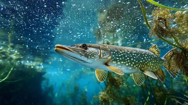 Underwater northern pike swimming near aquatic plants with bubbles rising in clear blue water. 4K video