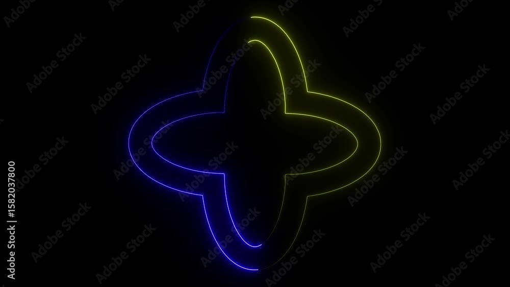 Poster futuristic neon design of an intertwined plus symbol with circular elements, glowing in blue and yel