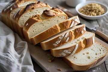 Close-up of freshly baked artisan bread cut into thick slices, resting on a rustic, warm-toned wooden table. 