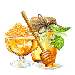 Hand painted honeycombs in a bowl with honey, a jar of honey with lime inflorescence and spoon-spindle for honey on a saucer
