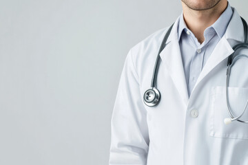 Banner with the image of a confident doctor with a stethoscope. Cropped photo of a qualified doctor in uniform, highlighted against the background of advertising space. Healthcare & Medicine Concept