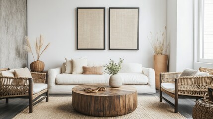 Minimalist, boho living room with natural elements