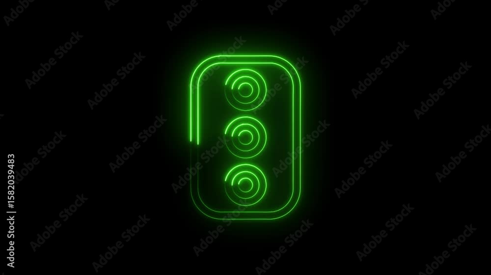 Poster glowing green camera lens array on black background animated minimalist design