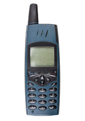Classic mobile phone from the early 2000s with simple design isolated on white background.
