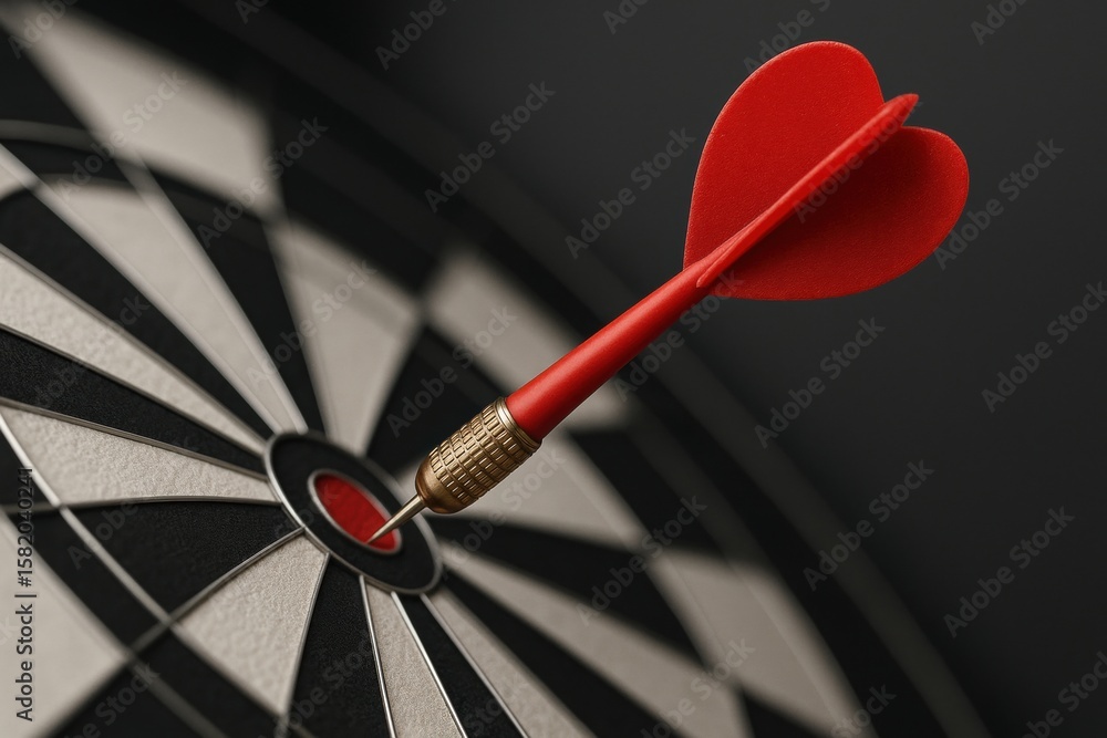 Poster bullseye precision: a single red dart hits the bullseye, illustrating focus, precision, and hitting 