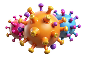 Three colorful cartoon virus particles with spikes isolated on transparent background