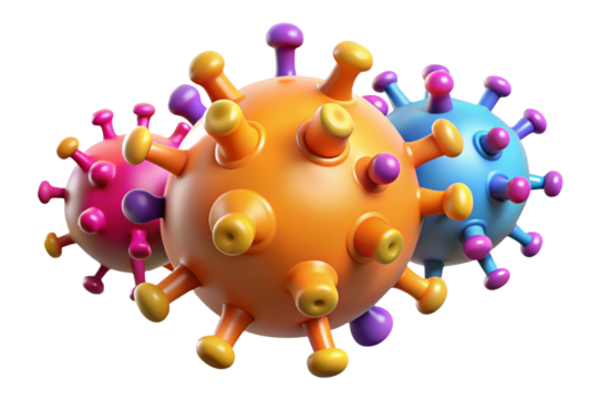 Three colorful cartoon virus particles with spikes isolated on transparent background