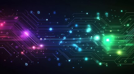 Obraz premium A futuristic, digital-inspired abstract background with glowing circuit lines, geometric shapes, and neon colors in shades of green, blue, and purple