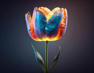 A stunning, luminous tulip with ethereal, colorful petals and delicate water droplets. Captures beauty, freshness, and magical realism.