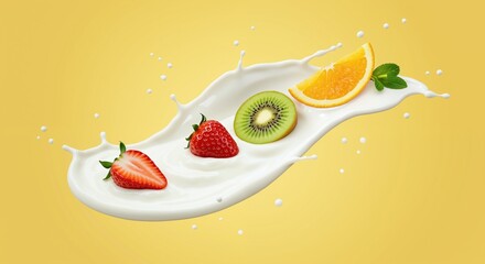 Milk splash fruits strawberry kiwi orange yellow background. Dairy product fresh berries dynamic motion. Healthy nutrition concept