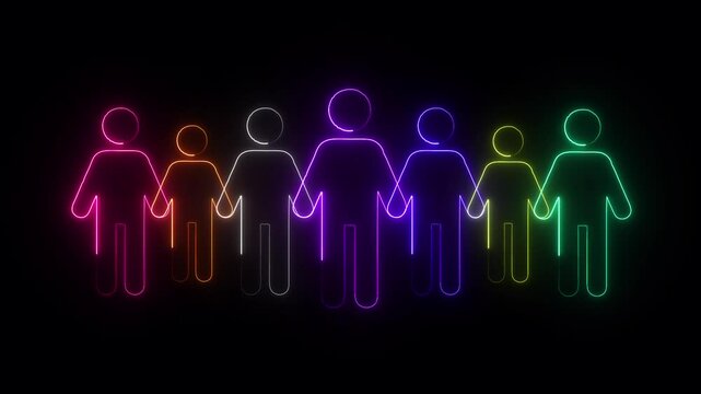 Neon Silhouettes of Diverse People Holding Hands in a Colorful Gradient, Representing Unity, Friendship, and Inclusion Against a Dark Background