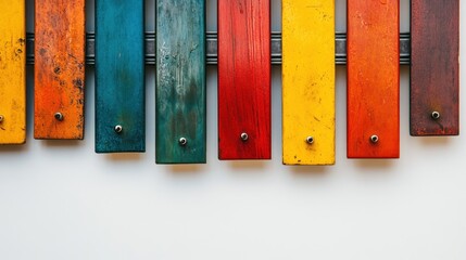 A glockenspiel with colorful metal bars, leaving room for text on the right, set against a white surface