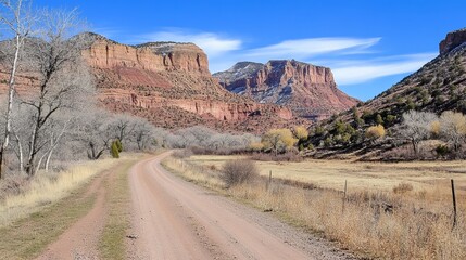 Fototapeta premium A scenic dirt road winds through a sun-drenched canyon, past pale grasses and leafless trees, towards towering red rock formations under a bright blue sky