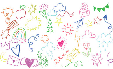 Crayon pencil vector set. Color lines and shapes with brush texture. Doodle paint background with chalk hand drawn elements. Sketch kid scribble, abstract children bg. Crayon shape, arrow circle heart